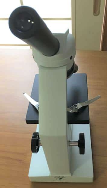 観察するために、顕微鏡を置いた写真。手前にアーム、向こう側にステージが位置する。