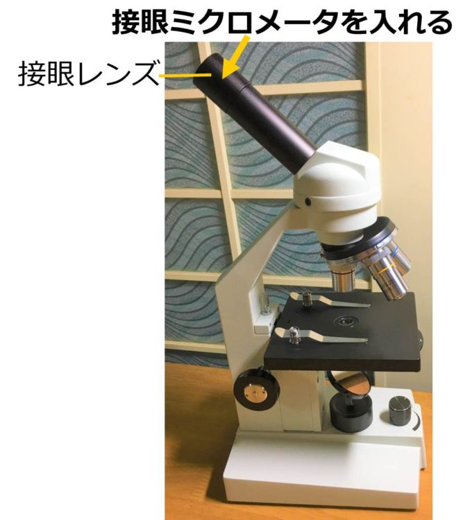 顕微鏡の写真。接眼レンズの部分に入れることを示している。